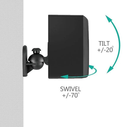 Logitech Wall Mount Brackets For Home Surround Speakers mounted showing swivel +/-70° and tilt +/-20° for precise speaker positioning