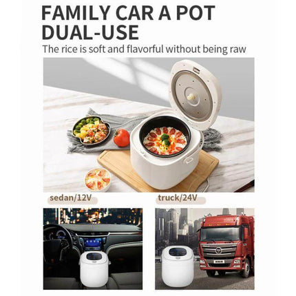 Car-Mounted Push-Button Rice Cooker For Travel, 2L Capacity - 2.0L car rice cooker shown cooking meal, works with sedan 12V and truck 24V, travel-friendly