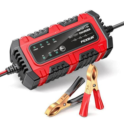 Foxsur Smart Battery Charger for Car, Motorcycle, ATV compact 6V/12V auto smart maintainer with clamps