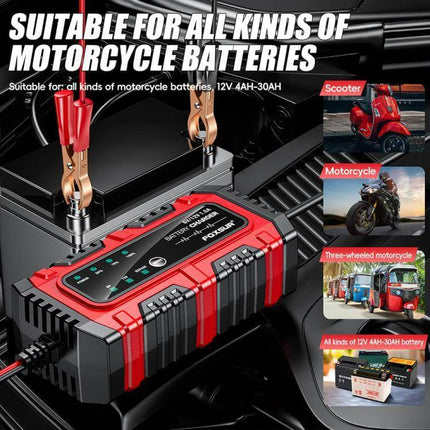 Foxsur Smart Battery Charger for Car, Motorcycle, ATV connected to a motorcycle battery in an engine bay showing all-purpose charging for scooters, bikes, ATVs