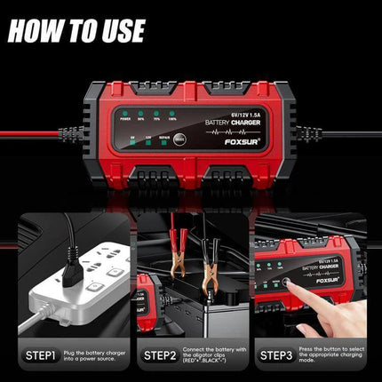 Foxsur Smart Battery Charger for Car, Motorcycle, ATV compact 6V/12V maintainer showing clamps, power plug and mode steps
