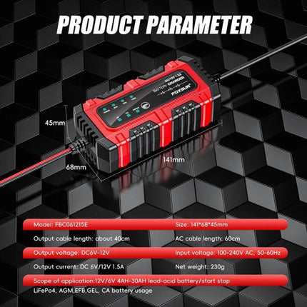 Foxsur Smart Battery Charger for Car, Motorcycle, ATV compact 6V/12V auto-maintenance charger for cars motorcycles ATVs