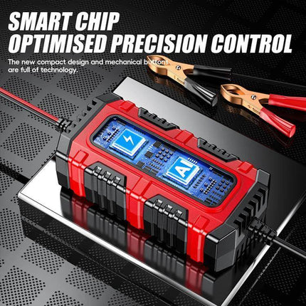 Foxsur Smart Battery Charger for Car, Motorcycle, ATV compact red smart charger with clamps and digital display