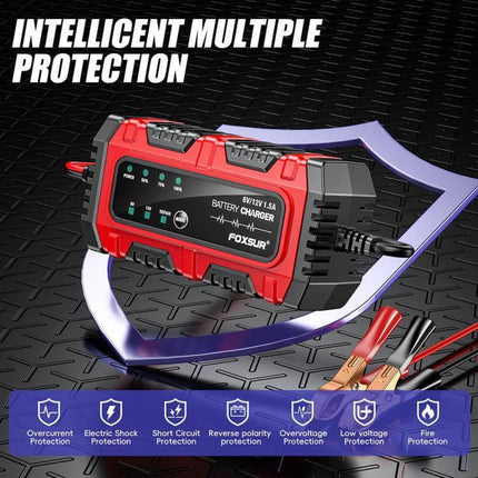 Foxsur Smart Battery Charger for Car, Motorcycle, ATV compact red 6V/12V maintainer with clamps and multiple protections