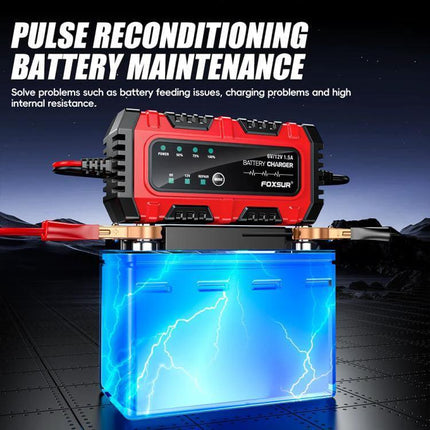 Foxsur Smart Battery Charger for Car, Motorcycle, ATV compact pulse reconditioning charger on battery for maintenance and storage