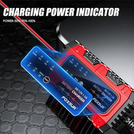 Foxsur Smart Battery Charger for Car, Motorcycle, ATV charging power indicator with LED status for 6V/12V batteries