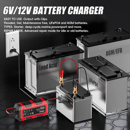 Foxsur Smart Battery Charger for Car, Motorcycle, ATV compact 6V/12V auto-detect maintainer with clips charging lead-acid and LiFePO4 batteries