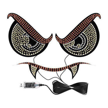 Demon Eye Car LED Ambient Light USB Powered Interior Accent showing pair of LED demon-eye strips with USB plug and cable, PVC construction