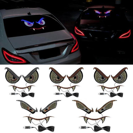 Demon Eye Car LED Ambient Light USB Powered Interior Accent installed on rear windshield showing glowing eye design and USB cord