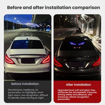 Demon Eye Car LED Ambient Light USB Powered Interior Accent shown before and after installation with glowing blue demon eyes on rear window