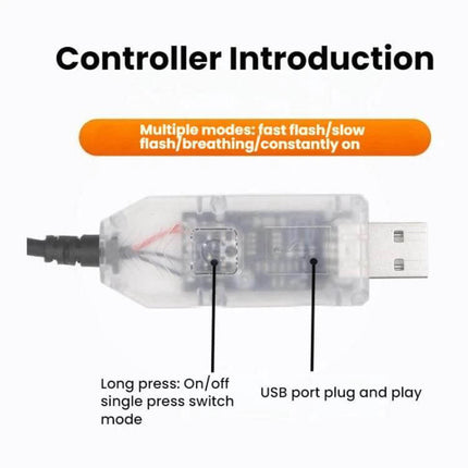 USB Demon Eye LED Car Indicator Light For Vehicles Easy Install transparent USB controller showing modes, plug-and-play USB port and on/off button