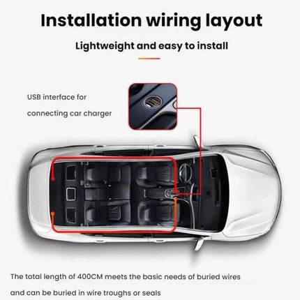 USB Demon Eye LED Car Indicator Light For Vehicles Easy Install - top view installation wiring layout showing USB car charger connection and windshield edge placement