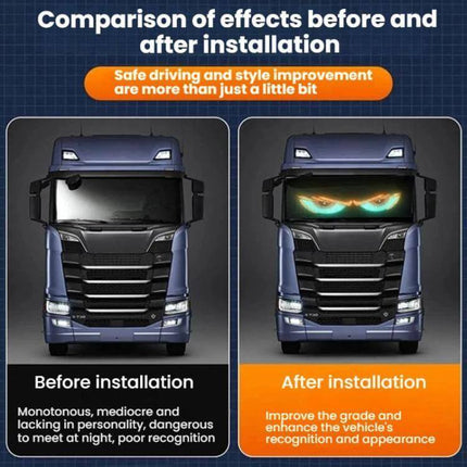 USB Demon Eye LED Car Indicator Light For Vehicles Easy Install on truck windshield showing before and after installation with glowing demon-eye effect