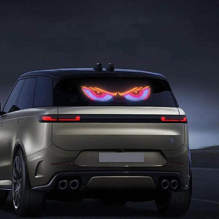 Rear windshield showing USB Demon Eye LED Car Indicator Light For Vehicles Easy Install glowing demon-eye LED strip adhesive PVC