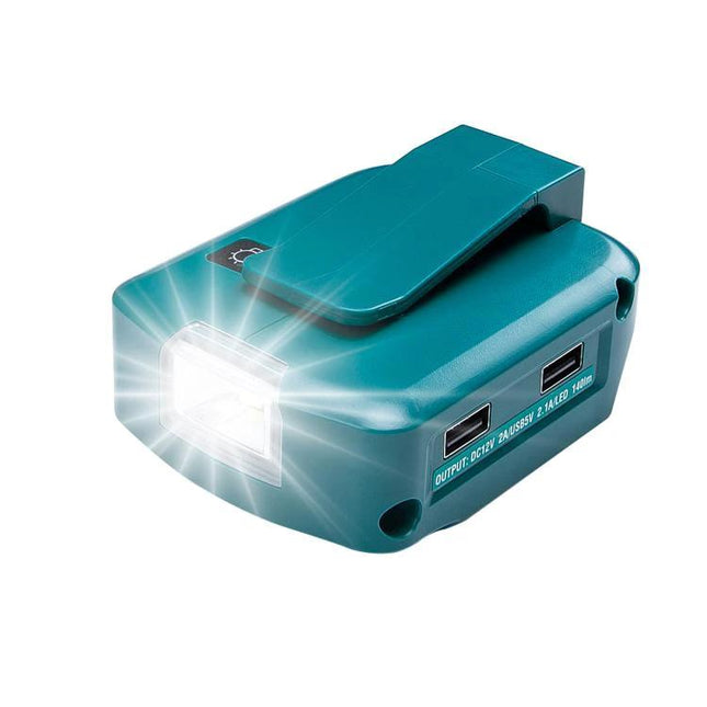 Battery Adapter for Makita Tools with LED Lighting and USB Ports compact adapter showing LED light on and dual USB ports