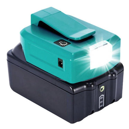 Battery Adapter for Makita Tools with LED Lighting and USB Ports - 14.4-18V LXT battery adapter with built-in LED light and USB charging ports
