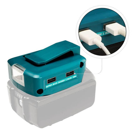 Battery Adapter for Makita Tools with LED Lighting and USB Ports showing LED light and dual USB charging ports on 14.4-18V LXT battery adapter