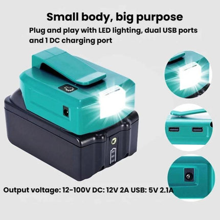 Battery Adapter for Makita Tools with LED Lighting and USB Ports – compact adapter with LED light, dual USB ports and DC charging for 14.4-18V LXT batteries
