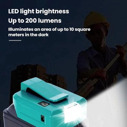 Battery Adapter for Makita Tools with LED Lighting and USB Ports showing LED beam illuminating dark worksite (up to 200 lumens)