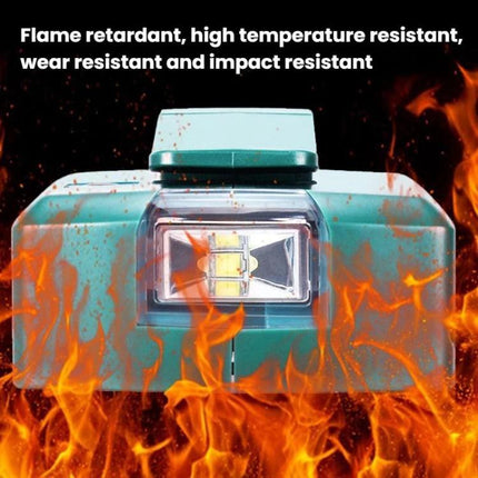 Battery Adapter for Makita Tools with LED Lighting and USB Ports — Makita 14.4-18V LXT adapter with LED work light and USB charging ports, flame resistant housing
