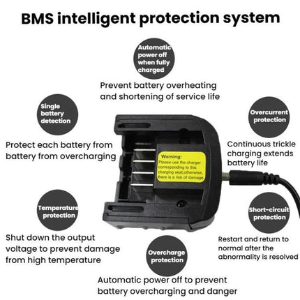 Black&Decker Lithium Battery Charger for Multiple Plugs showing BMS intelligent protection features and safety labels
