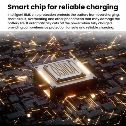 Black&Decker Lithium Battery Charger for Multiple Plugs showing smart BMS chip protection and glowing circuit board for reliable charging