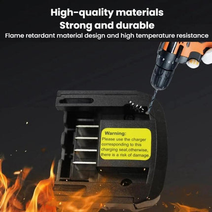 Black&Decker Lithium Battery Charger for Multiple Plugs shown with drill, warning label visible, durable flame‑resistant housing