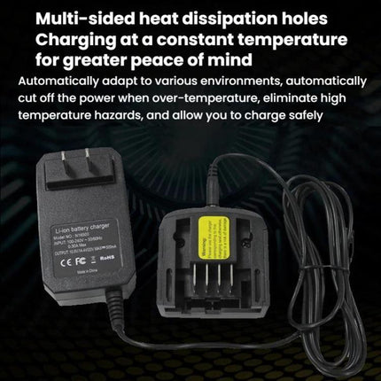 Black&Decker Lithium Battery Charger for Multiple Plugs showing charger unit, plug adapter and ventilation slots for safe charging