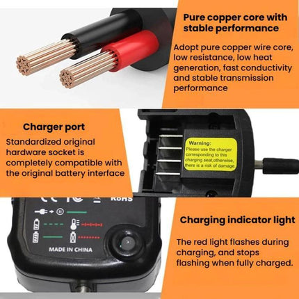 Black&Decker Lithium Battery Charger for Multiple Plugs showing copper core wires, charger port, and charging indicator light