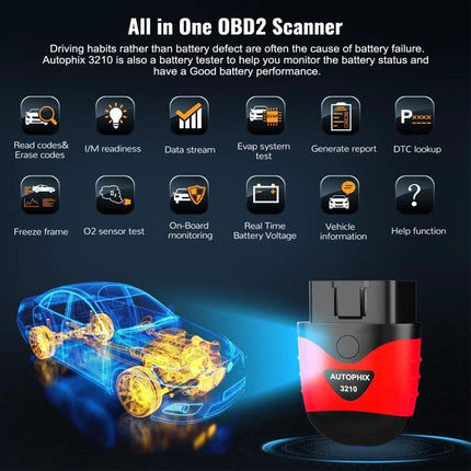 AUTOPHIX Scanner for Routine Vehicle Maintenance Checks compact Bluetooth OBD2 device displaying real-time battery status and diagnostics
