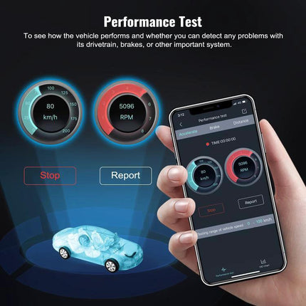 AUTOPHIX Scanner for Routine Vehicle Maintenance Checks showing smartphone app diagnostics with speed and RPM gauges