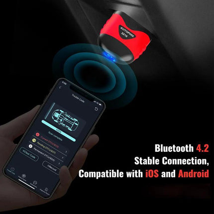 AUTOPHIX Scanner for Routine Vehicle Maintenance Checks Bluetooth OBDII dongle showing smartphone app and real-time battery status