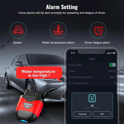AUTOPHIX Scanner for Routine Vehicle Maintenance Checks showing Bluetooth app alarms for speed, water temperature and driver fatigue with device and car image