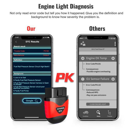 AUTOPHIX Scanner for Routine Vehicle Maintenance Checks showing app DTC results, battery and engine light diagnosis with Bluetooth OBD2 device
