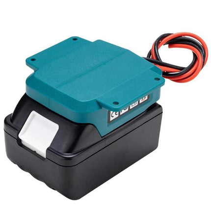 Makita Battery Converter for Safe Everyday Tool Use - teal converter attached to 18V battery with protective wiring and safety features