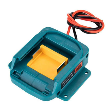 Makita Battery Converter for Safe Everyday Tool Use - teal adapter with yellow battery slot and red/black wires