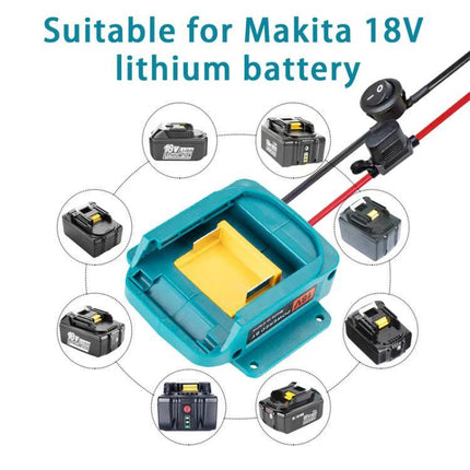 Makita Battery Converter for Safe Everyday Tool Use shown with teal adapter and 18V lithium batteries, safety protections and wiring visible