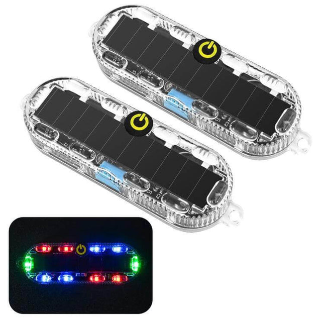 Car Solar-Powered Anti-Collision Warning Light 2-Pack mounted on vehicle exterior showing clear PC housing and RGB LEDs for visibility