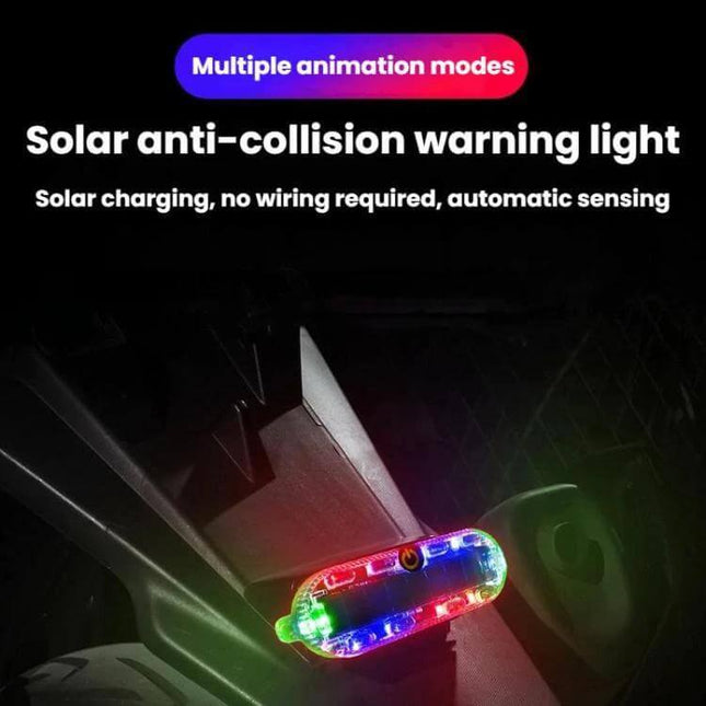 Car Solar-Powered Anti-Collision Warning Light 2-Pack mounted on vehicle exterior showing RGB color-changing LEDs and solar charging, multiple animation modes