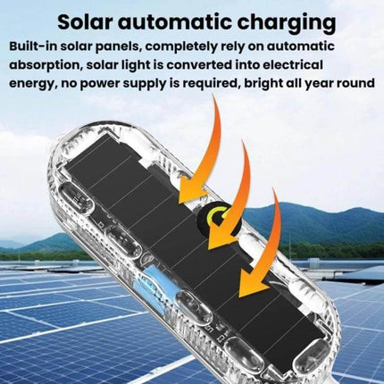 Car Solar-Powered Anti-Collision Warning Light 2-Pack showing solar automatic charging panel and arrows indicating energy absorption