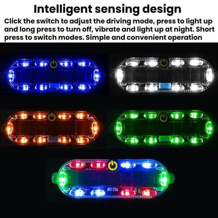 Car Solar-Powered Anti-Collision Warning Light 2-Pack showing RGB color modes blue white red green multi-color LEDs on durable housing