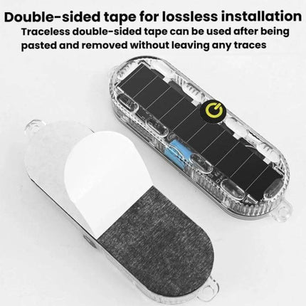 Car Solar-Powered Anti-Collision Warning Light 2-Pack showing solar LED unit and traceless double-sided tape for easy installation
