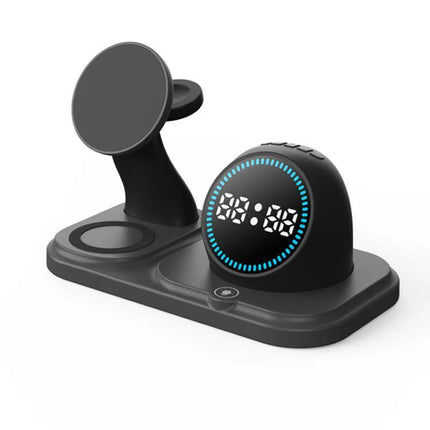 Durable Desk Companion for Daily Charging and Music Enjoyment — black multi-device wireless charger with clock speaker on desk