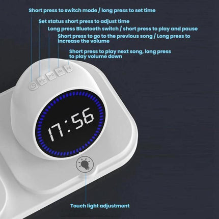 Durable Desk Companion for Daily Charging and Music Enjoyment showing multi-device charger with clock display, speaker controls, and touch light adjustment