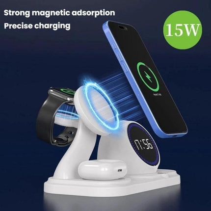 Durable Desk Companion for Daily Charging and Music Enjoyment shown charging phone, watch and earbuds with speaker and clock on desk