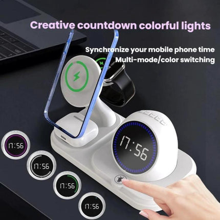 Durable Desk Companion for Daily Charging and Music Enjoyment - 3-in-1 charger with speaker, clock display, phone and watch stand on desk