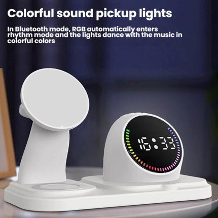 Durable Desk Companion for Daily Charging and Music Enjoyment showing multi-device charging dock with RGB speaker clock and phone stand