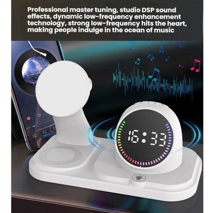 Durable Desk Companion for Daily Charging and Music Enjoyment on white 3-in-1 dock charging phone, watch, headphones with LED speaker clock