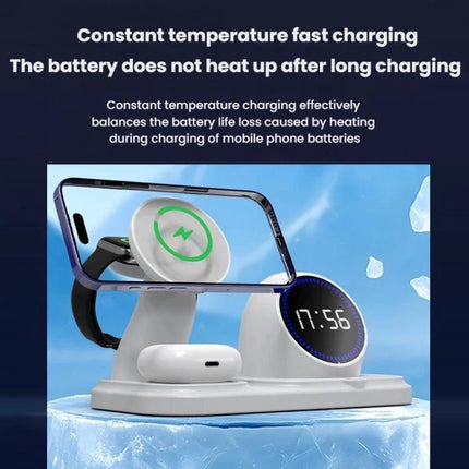 Durable Desk Companion for Daily Charging and Music Enjoyment showing phone, watch, headphones charging and speaker on a desk