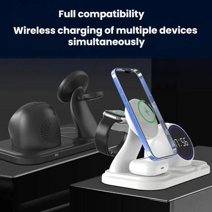 Durable Desk Companion for Daily Charging and Music Enjoyment — multi-device wireless charging stand with speaker charging phone, watch, headphones on desk
